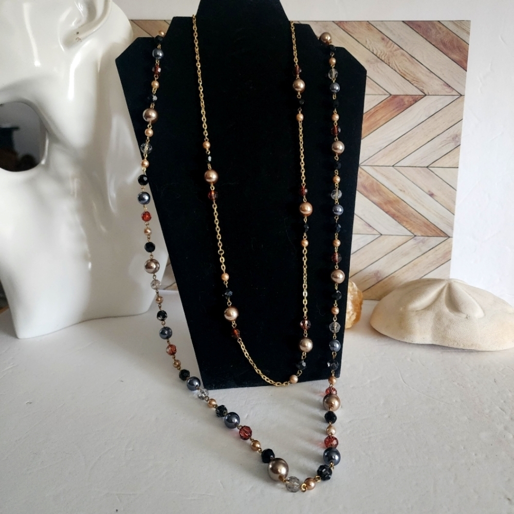 Double Strand Gold Chain Necklace with Crystals and Faux Pearls  New
